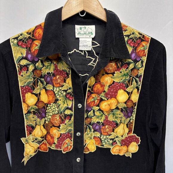 Quacker Factory Appliqué Fall Harvest Corduroy Shirt M Black Orange Button Up - Picture 2 of 10